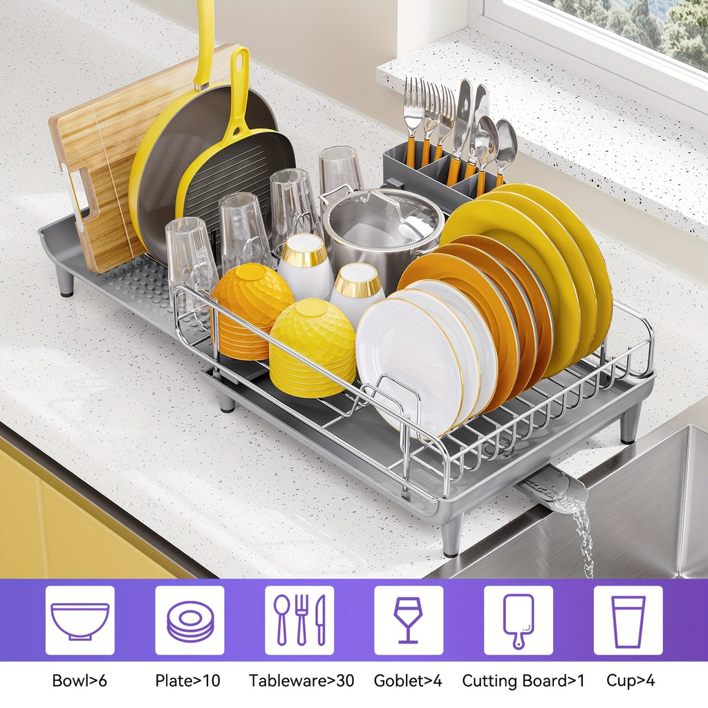 KINGRACK Kitchen Equipment & Supplies, Adjustable Dish Drying Rack, Collapsible Stainless Steel Drainer with Utensil Holder, Spacious Design for Kitchen Countertop