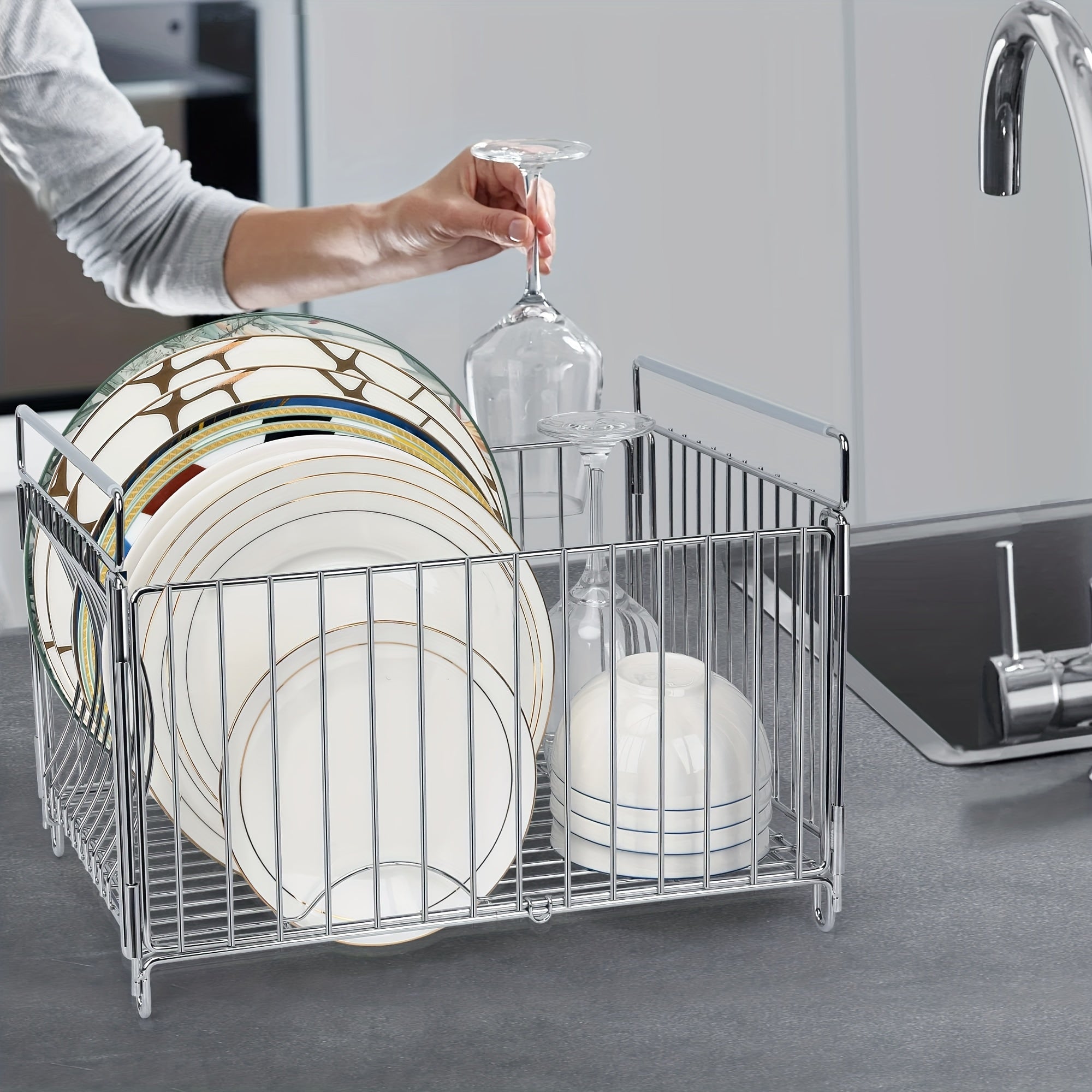 Large Metal Dish Rack Large Deep Dish Drying Rack & Utensil Holder | Durable Metal Wire Design for Efficient Draining, Holds 10-12 Inch Plates, Bowls, Cups & Cutlery, Over-Sink Kitchen Countertop Organizer