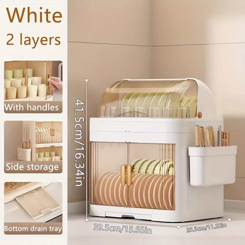 A 2\u002F3-Layer Kitchen Dish Storage Cabinet, Multi-Layer with a Draining Tray And Lid for Organizing Dishes And Utensils, Suitable for Bowls, Plates, And Cups, in White Color
