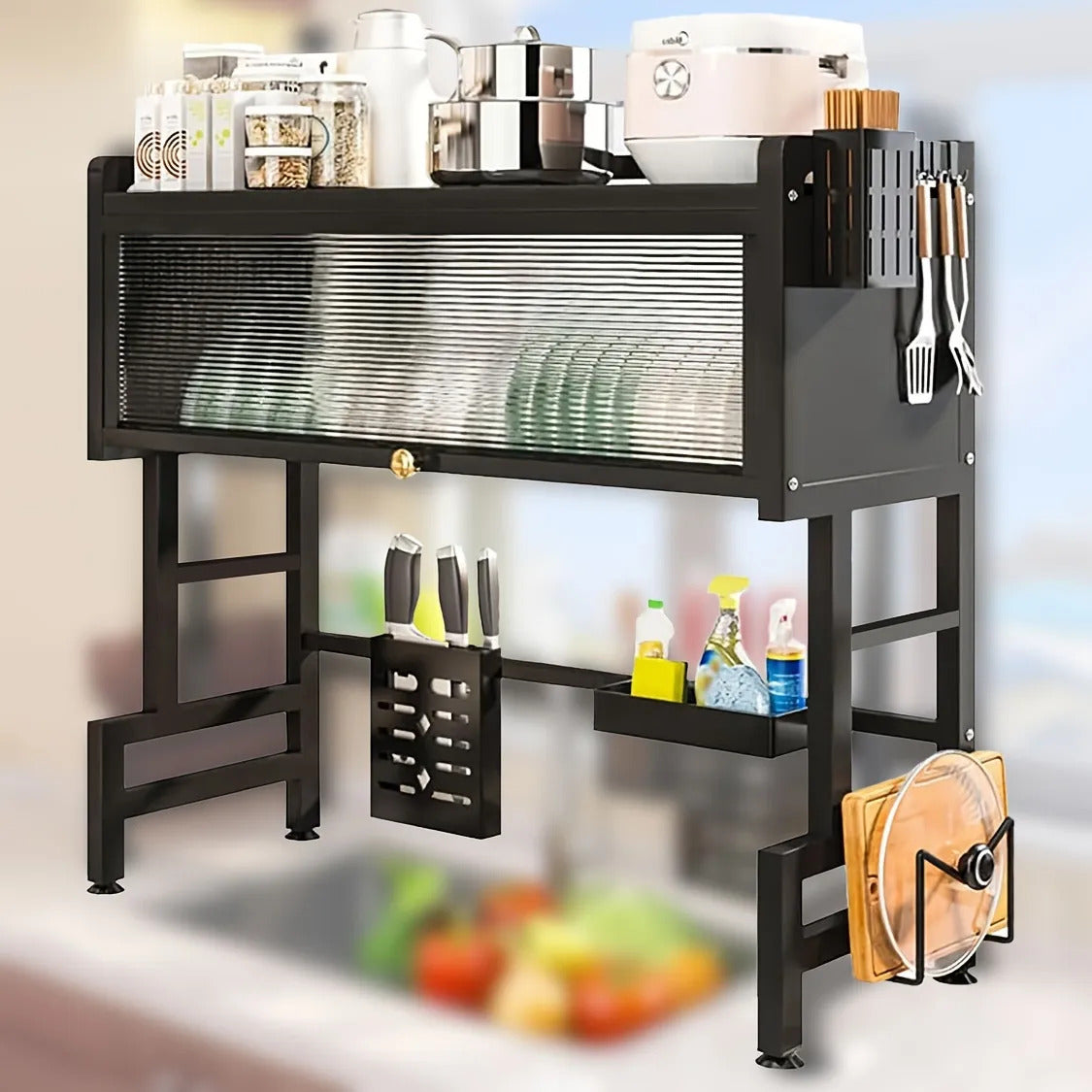 1pc Multifunctional Dish Rack | Space-Saving Kitchen Organizer with Cover for Drying Dishes, Glasses, Bowls, and Utensils, Made of Metal and Carbon Steel