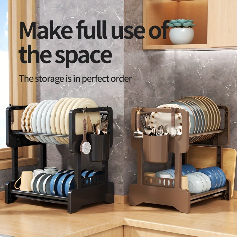 No-Drill Double-Layer Dish Rack with Large Capacity Dish Drying Basket & Storage Shelf - Heavy-Duty Stainless \u002FPlastic Suitable, Space-Saving for Bowls, Plates, Utensils, Holiday Gift for Home, Party, Dish Drainer