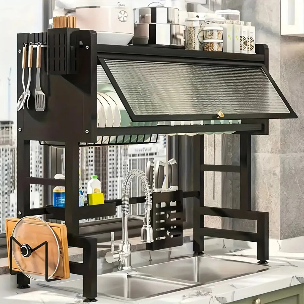 1pc Multifunctional Dish Rack | Space-Saving Kitchen Organizer with Cover for Drying Dishes, Glasses, Bowls, and Utensils, Made of Metal and Carbon Steel