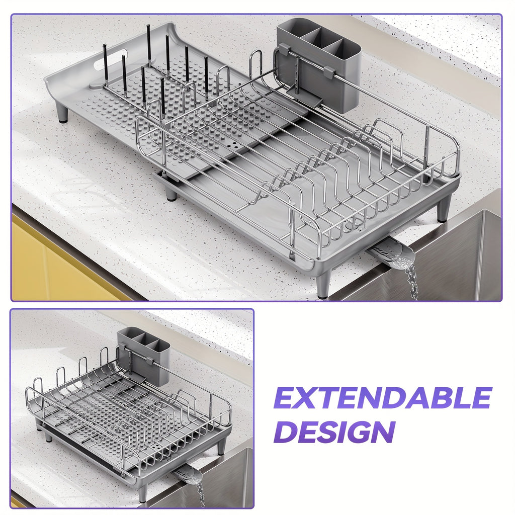 KINGRACK Kitchen Equipment & Supplies, Adjustable Dish Drying Rack, Collapsible Stainless Steel Drainer with Utensil Holder, Spacious Design for Kitchen Countertop