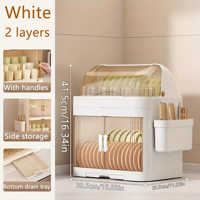 A 2\u002F3-Layer Kitchen Dish Storage Cabinet, Multi-Layer with a Draining Tray And Lid for Organizing Dishes And Utensils, Suitable for Bowls, Plates, And Cups, in White Color