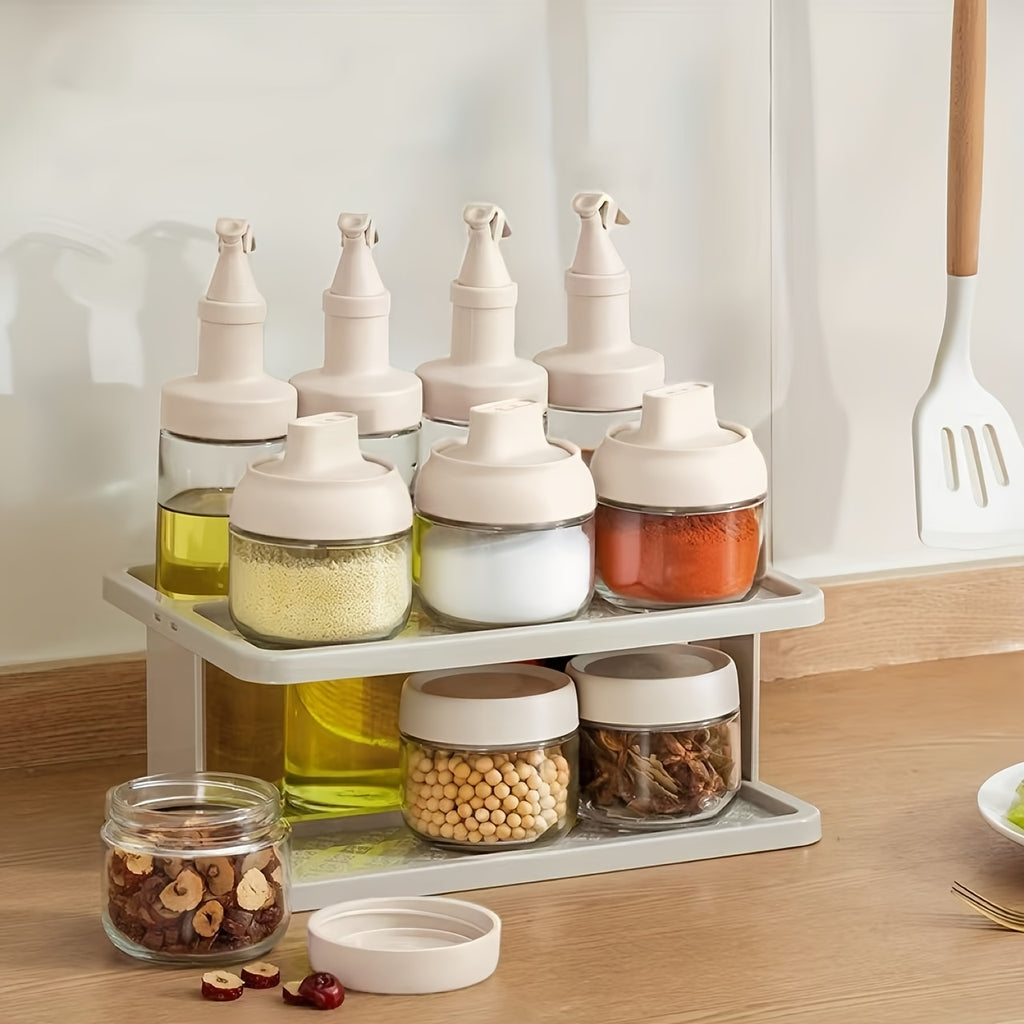 11pcs Sealed Sauce & Oil Storage Jars with Snap- Lids & Countertop Rack - Layered Shelf Compatible for Condiment Bottles, Spices, Vinegar - Kitchen Organizers Suitable and Dining Areas