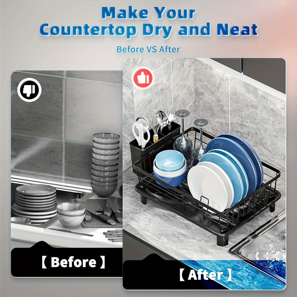 Kitchen Countertop Dish Drying Rack, Cutlery Holder, Metal Draining Rack, Smart Drainage System with Removable Cutlery Holder, Home Hand-Washing Dish Assistant, Space-Saving for Apartments