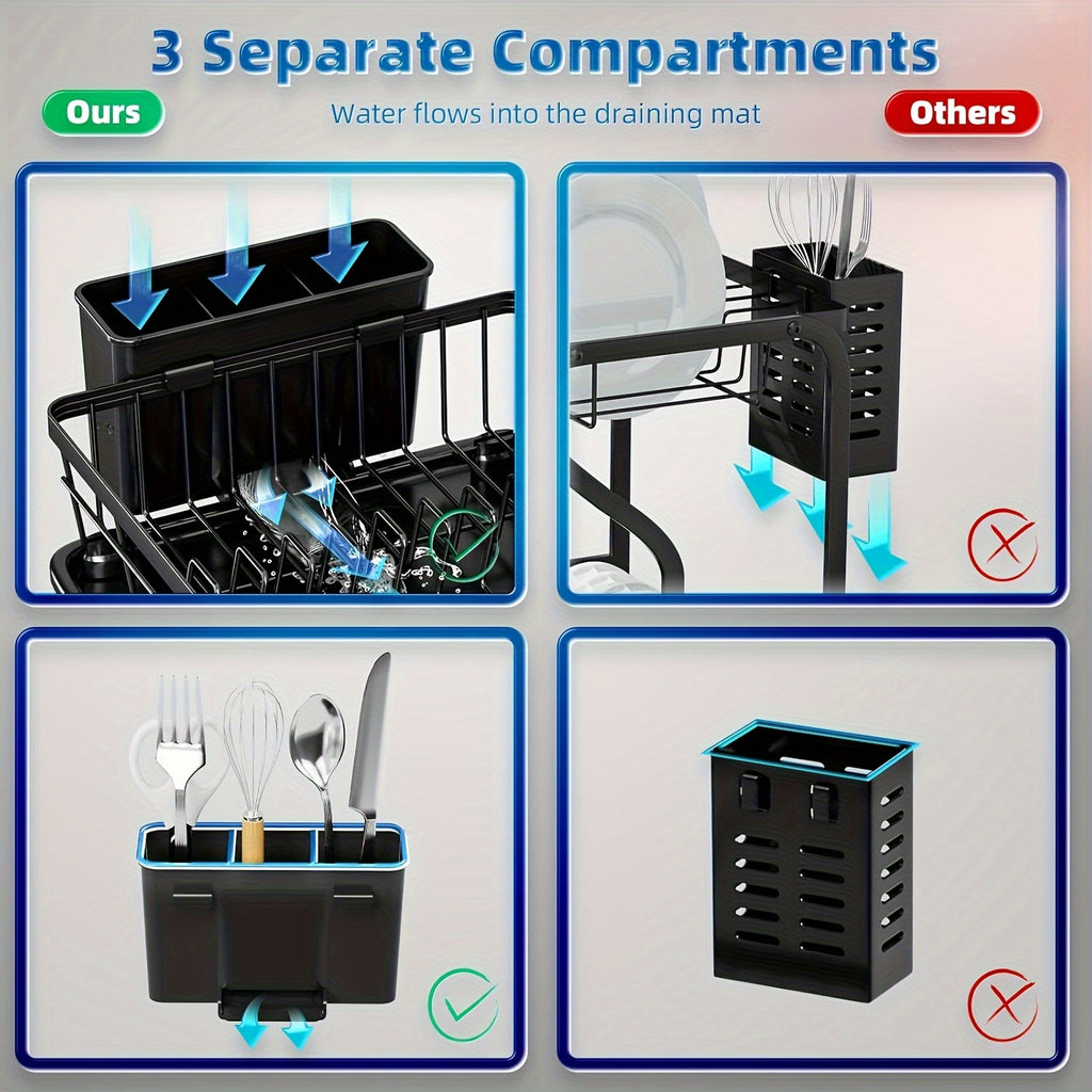 Kitchen Countertop Dish Drying Rack, Cutlery Holder, Metal Draining Rack, Smart Drainage System with Removable Cutlery Holder, Home Hand-Washing Dish Assistant, Space-Saving for Apartments