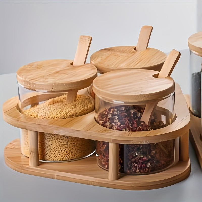 3pcs Glass Spice Jar Set with Wooden Rack, Sealed Glass Containers for Kitchen Storage, Suitable for Salt, Pepper, Sugar and Spices, Food Storage, Condiment Containers