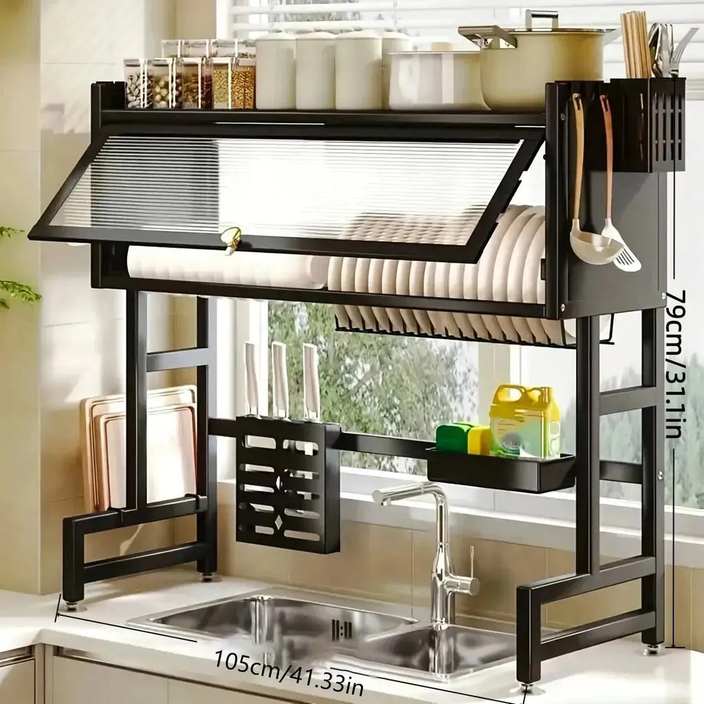 1pc Multifunctional Dish Rack | Space-Saving Kitchen Organizer with Cover for Drying Dishes, Glasses, Bowls, and Utensils, Made of Metal and Carbon Steel