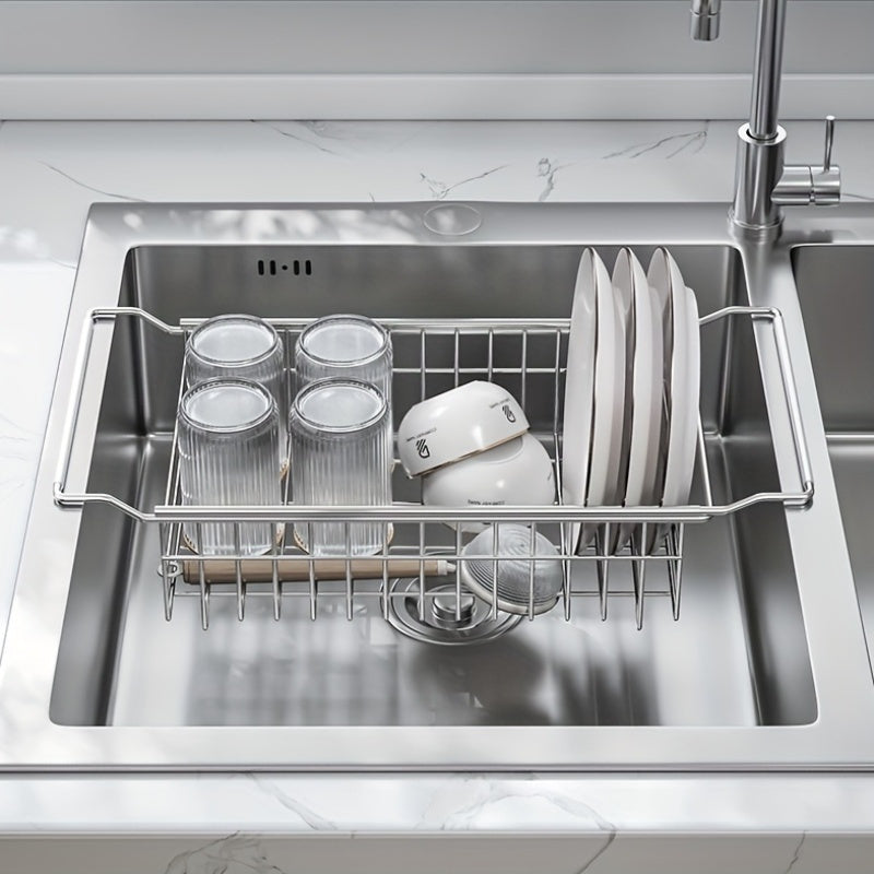 A Retractable Stainless Steel Sink Drainage Rack with Silicone Handles, an Expandable Dish Drying Rack, Multifunctional Storage Organizer for Kitchen Sink Additions, And a Korean-Style Collapsible Draining Basket