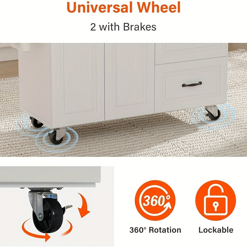 White Black Kitchen Island with Storage, Marble Tabletop, Rolling Kitchen Island Cart On Wheels with Drop Leaf Breakfast, Island Table for Kitchen with Towel Rack & Spice Rack Floating Shelf, White Black
