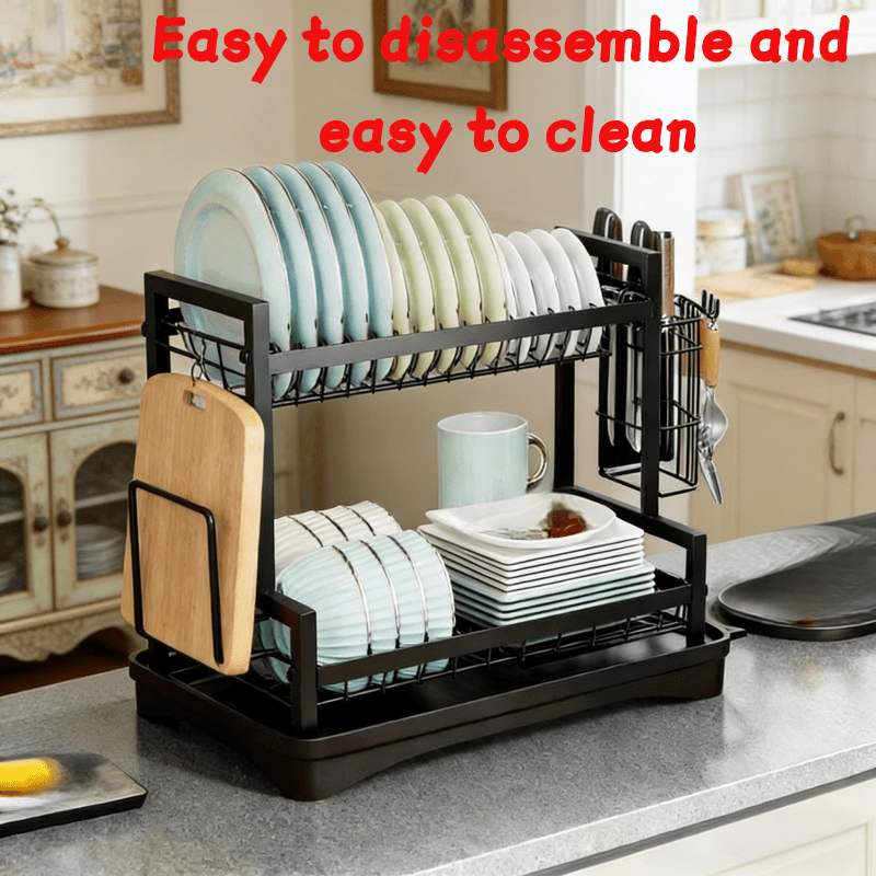 Large Heavy-Duty 2-Tier Dish Drying Rack with Removable Drain Board - Space-Saving Iron Dish Rack Suitable for Cups, Utensils, Chopping Boards, Plates, Bowls - Easy Assembly & Cleaning, Sturdy Countertop Organizer Sink Area, Ideal Gift