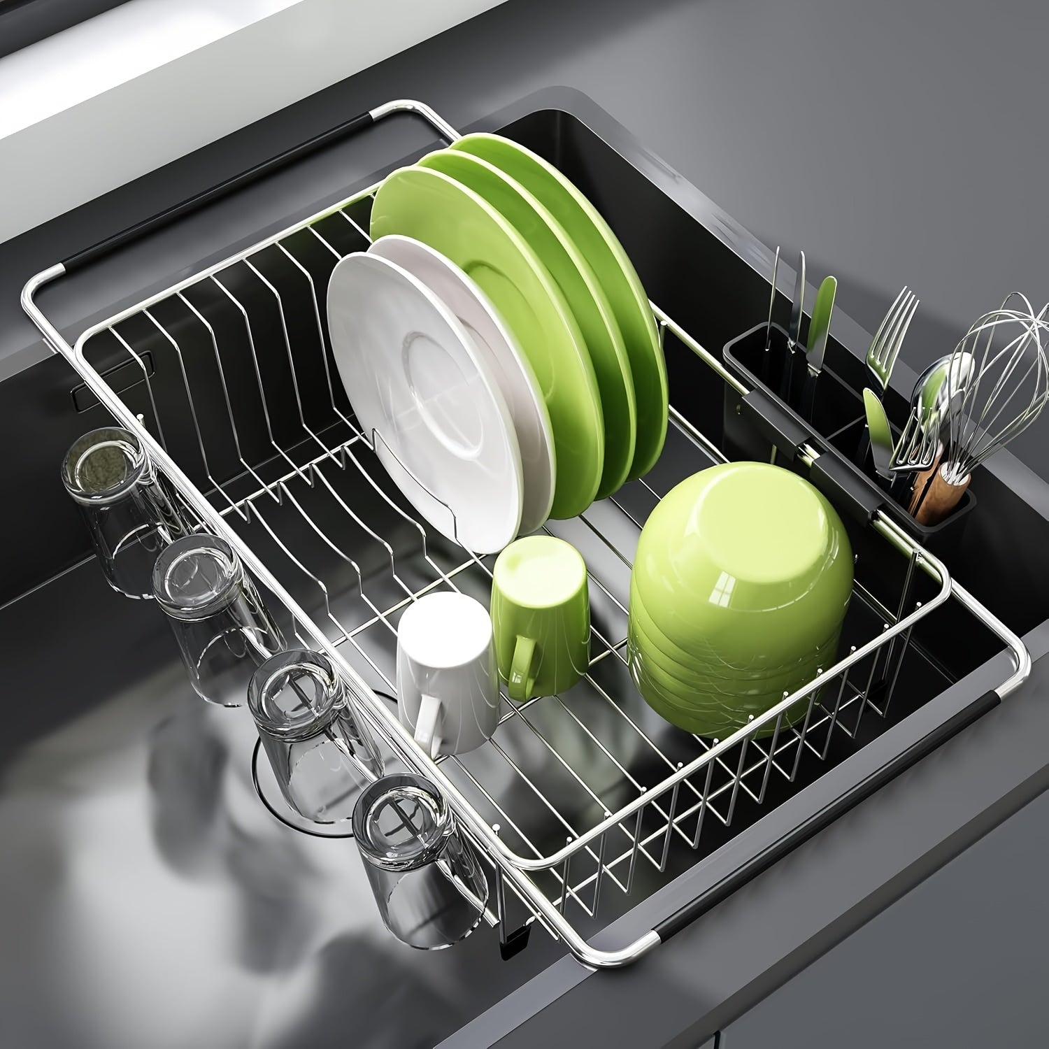 Dish Drying Rack In Sink, Expandable Stainless Steel Dish Drainers for Kitchen Counter, Dish Dryer Rack for Inside Sink, Over The Sink Dish Racks with Utensil Holder