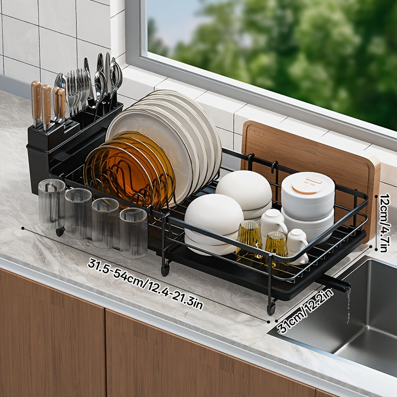 A Retractable Metal Bowl And Plate Rack for The Kitchen Countertop, Designed for Draining And Drying Dishes. This Expandable Storage Rack Fits Beside The Kitchen Sink And Includes a Cutting Board Holder, Cutlery Holder, And Cup Holder