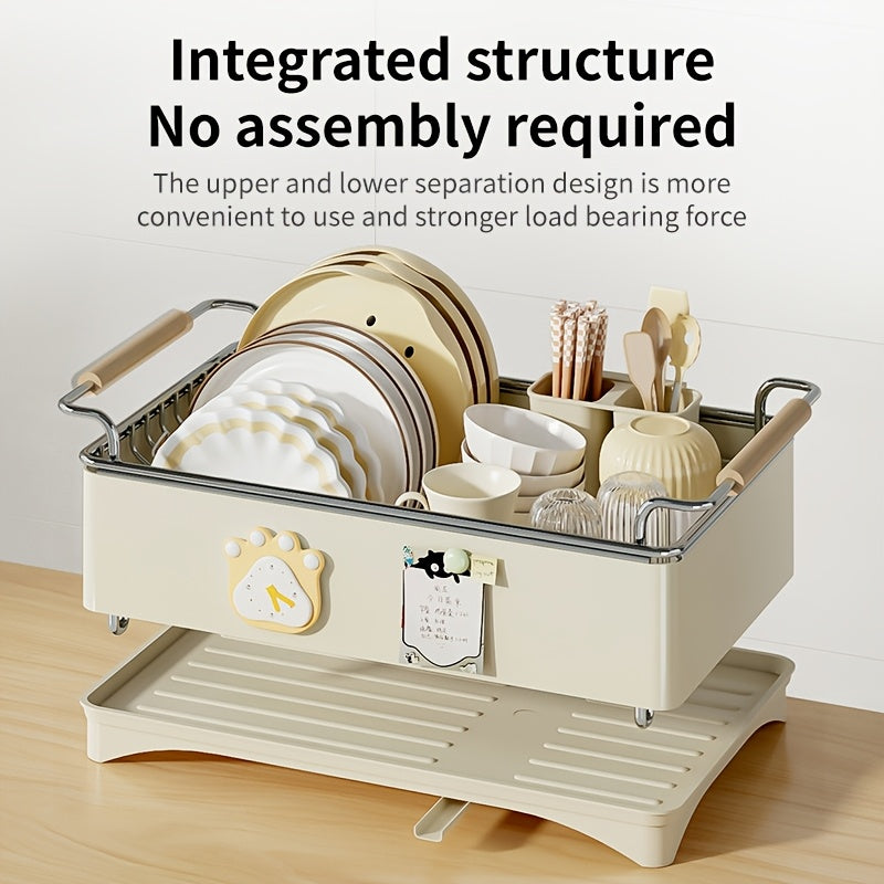 Large-Capacity Heavy-Duty 304 Stainless Steel Dish Drying Rack with Draining Board & Wood Handle - Single-Tier Space-Saving Kitchen Countertop Dish Rack Suitable for Plates, Bowls, Cups, Utensils, Chopsticks - Ideal for Small Apartments, Households