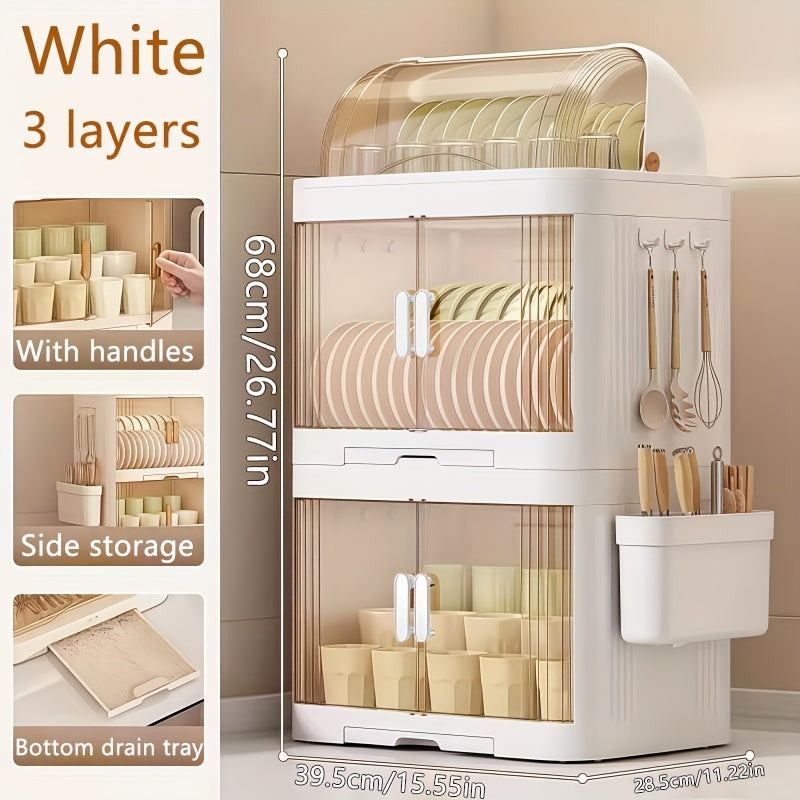 A 2\u002F3-Layer Kitchen Dish Storage Cabinet, Multi-Layer with a Draining Tray And Lid for Organizing Dishes And Utensils, Suitable for Bowls, Plates, And Cups, in White Color