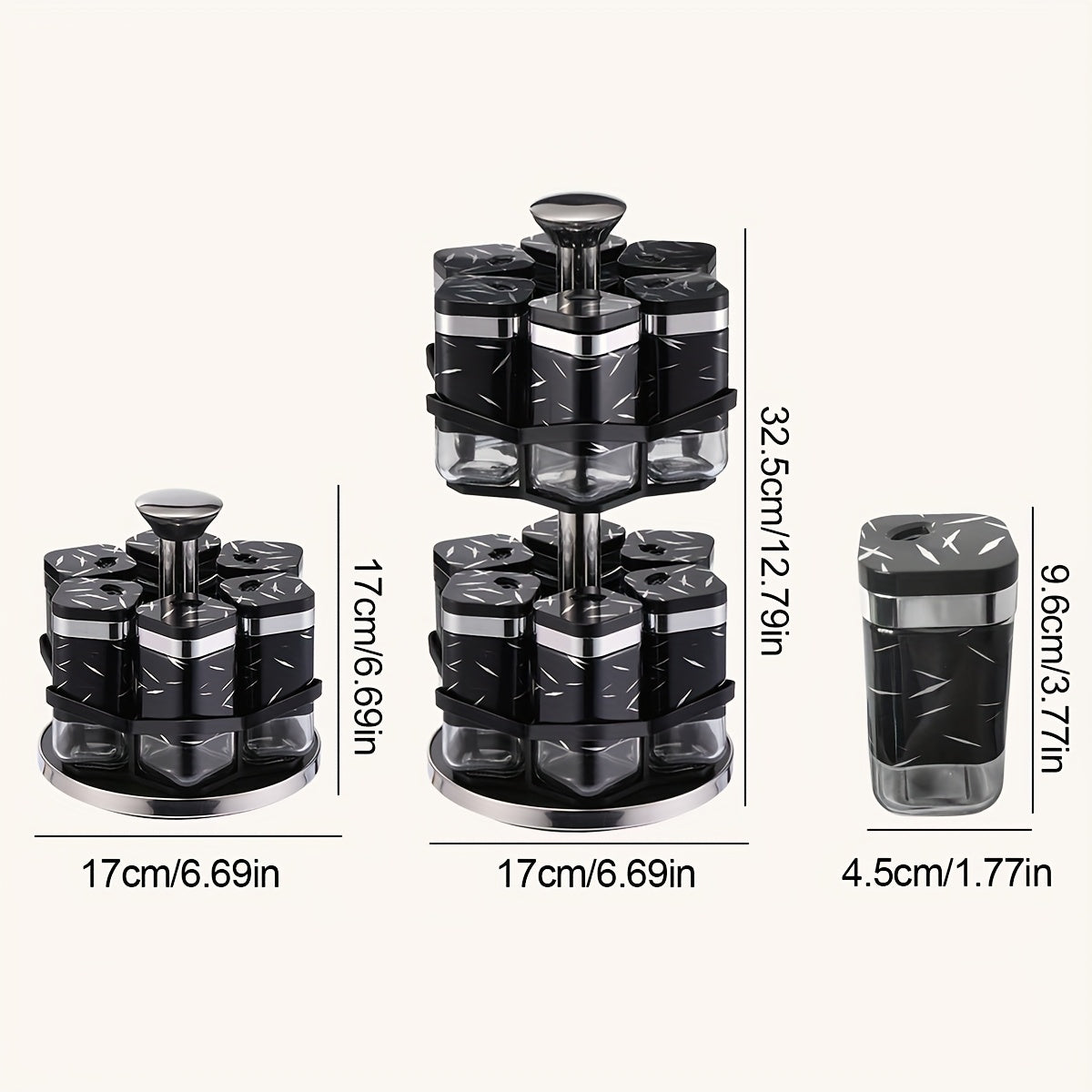 Elegant Glass Spice Set 6 Bottle Spice Set - Elegant White And Black Glass Shakers for Seasonings, Peppers And Herbs, Kitchen Essential, Travel, Rotating Rack, Decor Containers