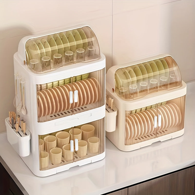 A 2\u002F3-Layer Kitchen Dish Storage Cabinet, Multi-Layer with a Draining Tray And Lid for Organizing Dishes And Utensils, Suitable for Bowls, Plates, And Cups, in White Color