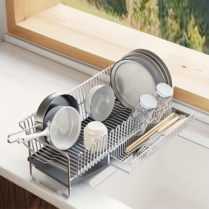 Space-Saving Stainless Steel Dish Drying Rack with Drainboard - Compact Over Sink Dish Drainer Organizer for Kitchen Countertop Storage with Easy Cleaning and Durable Construction