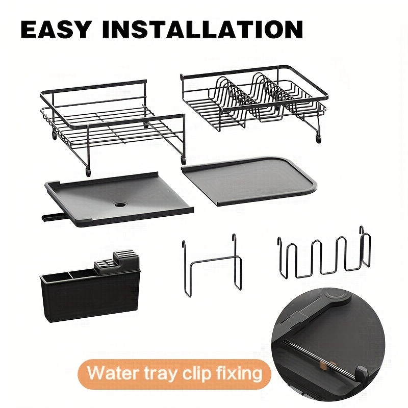 A Retractable Metal Bowl And Plate Rack for The Kitchen Countertop, Designed for Draining And Drying Dishes. This Expandable Storage Rack Fits Beside The Kitchen Sink And Includes a Cutting Board Holder, Cutlery Holder, And Cup Holder