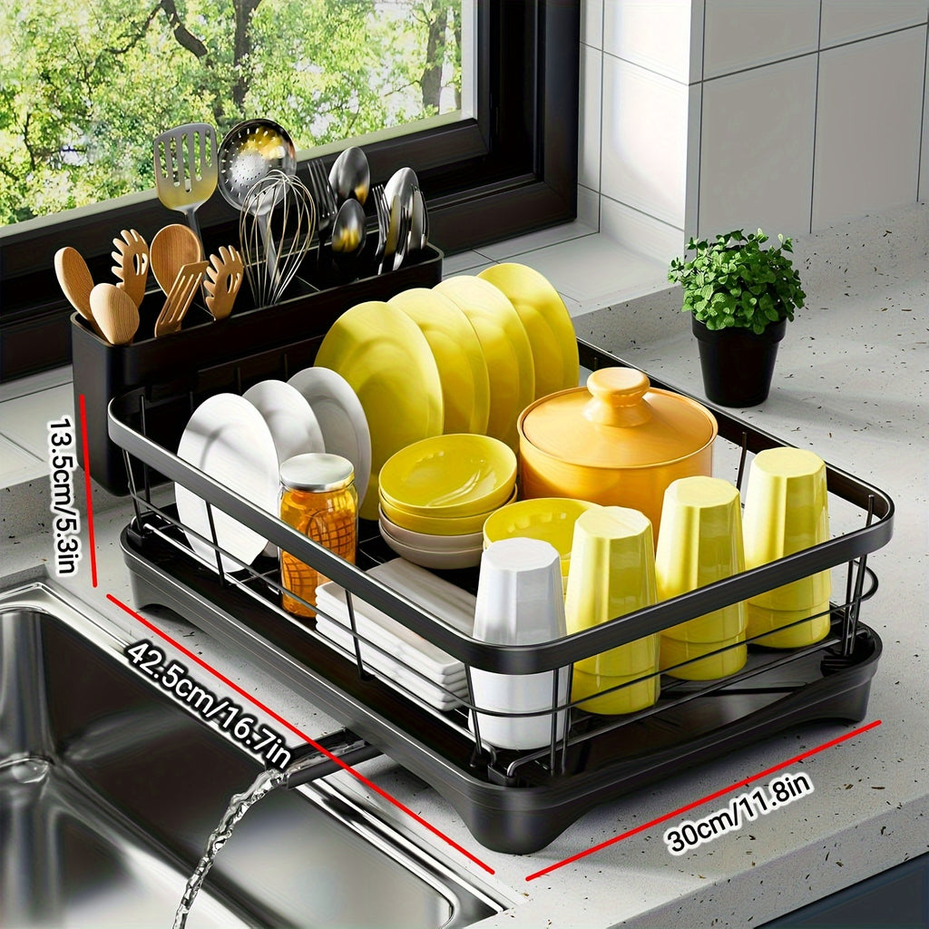 Kitchen Countertop Dish Drying Rack, Cutlery Holder, Metal Draining Rack, Smart Drainage System with Removable Cutlery Holder, Home Hand-Washing Dish Assistant, Space-Saving for Apartments