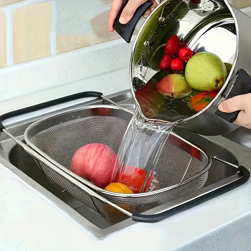 Collapsible Expandable Sink Basket, Heavy-Duty 304 Stainless Steel, Dish Drainer & Vegetable Washing Bin with Drain Holes, Multi-Functional Storage Rack for Fruits Pasta Rice, Space-Saving for Small Kitchens, with Telescopic Pole