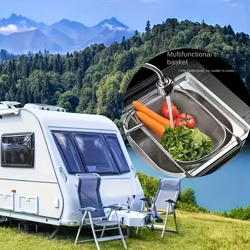Collapsible Expandable Sink Basket, Heavy-Duty 304 Stainless Steel, Dish Drainer & Vegetable Washing Bin with Drain Holes, Multi-Functional Storage Rack for Fruits Pasta Rice, Space-Saving for Small Kitchens, with Telescopic Pole