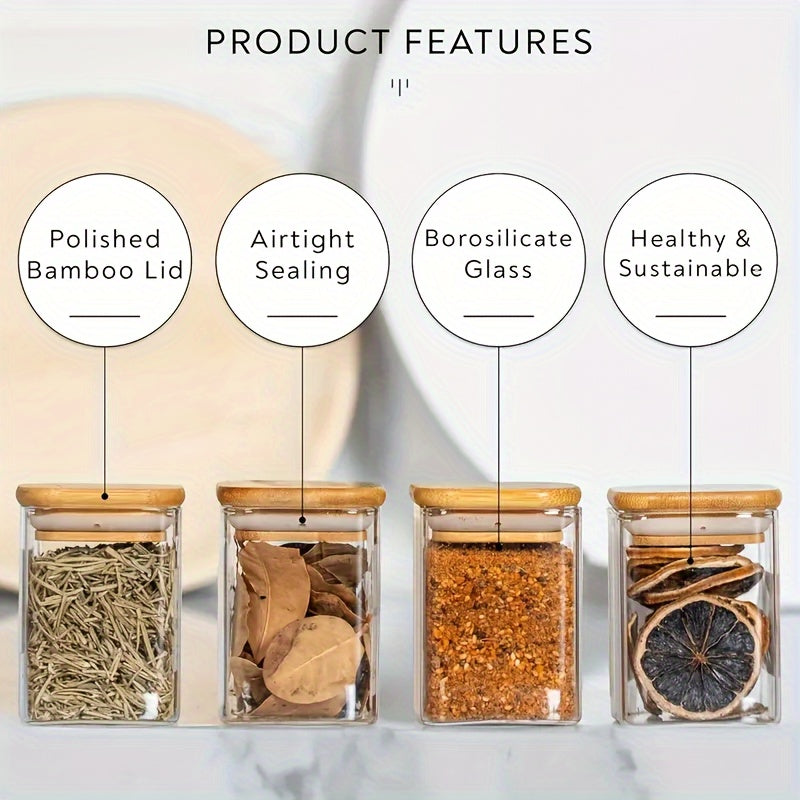 10pcs OUSVETZ Square Glass Spice Jars with Measuring Spoon & Sealed Lid - High Borosilicate Heat-Resistant Suitable for Kitchen Storage, Transparent Suitable for Pepper, Salt, Sugar Containers, Stackable Spice Rack for Cabinet, Moisture-Proof