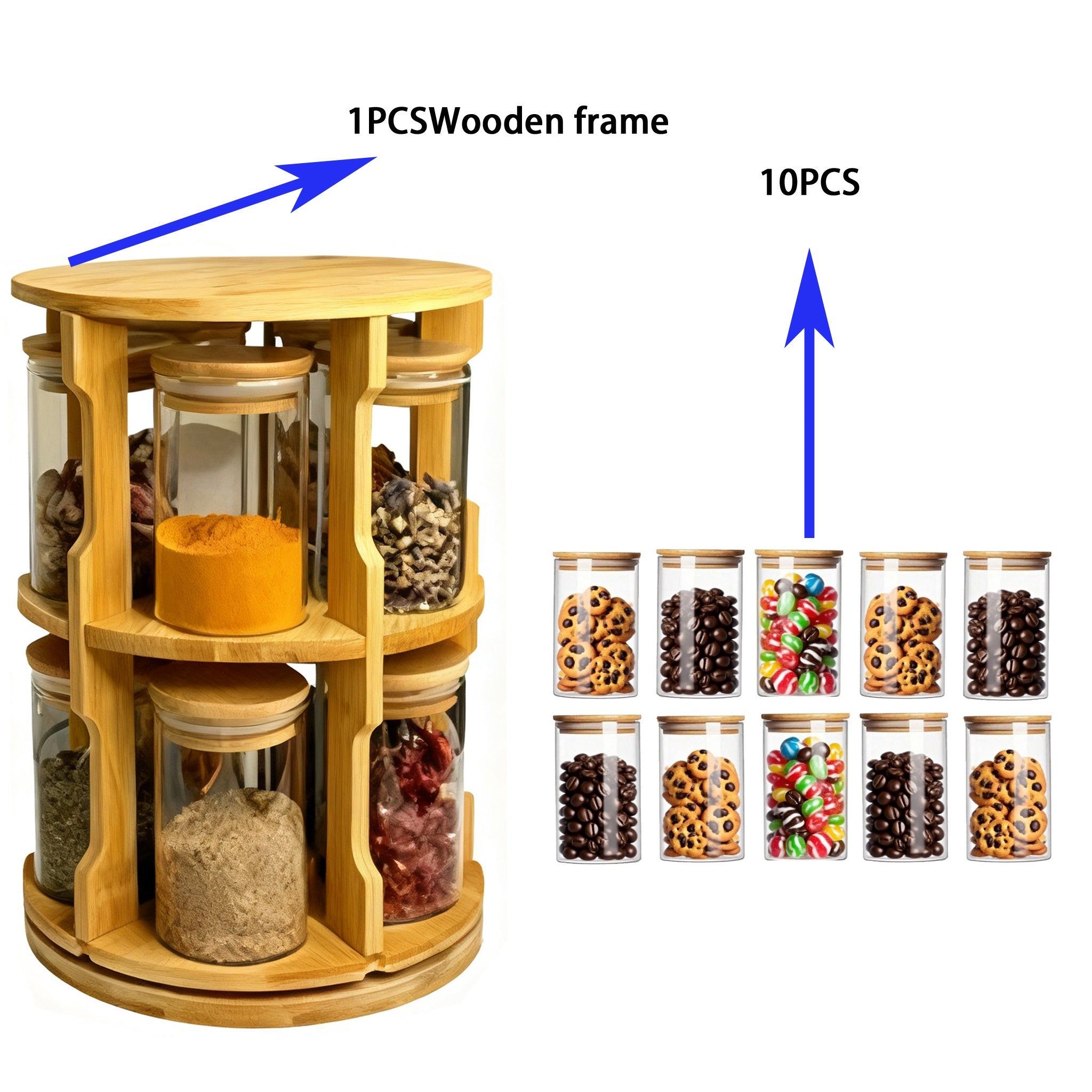 1pc Bamboo Rotating Spice Rack | 10pcs Glass Spice Jars with Flip Top, Round Shape, Reusable, for Kitchen Countertops and Cabinets