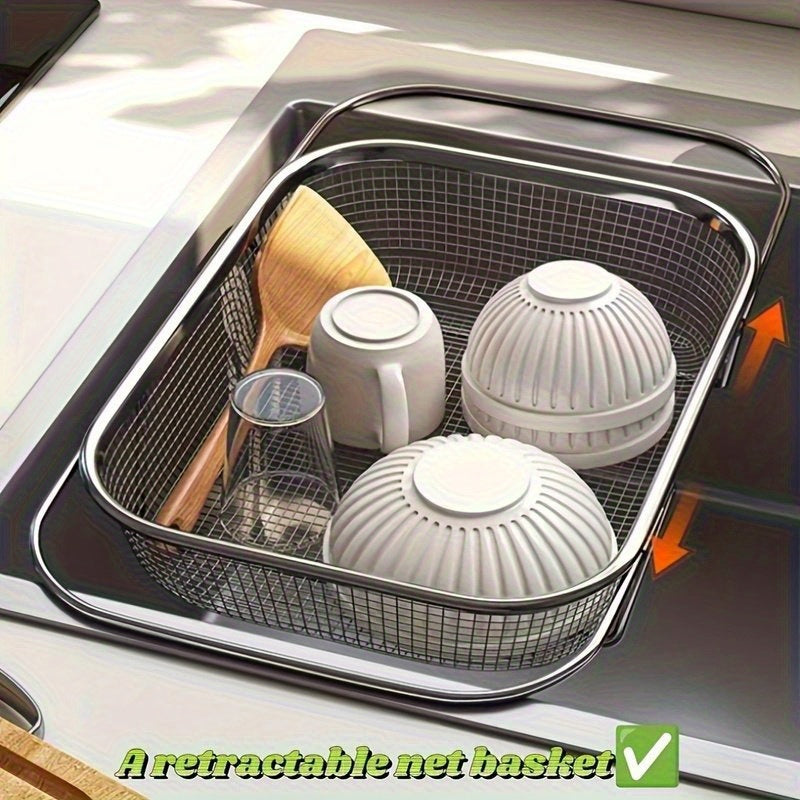 Collapsible Expandable Sink Basket, Heavy-Duty 304 Stainless Steel, Dish Drainer & Vegetable Washing Bin with Drain Holes, Multi-Functional Storage Rack for Fruits Pasta Rice, Space-Saving for Small Kitchens, with Telescopic Pole