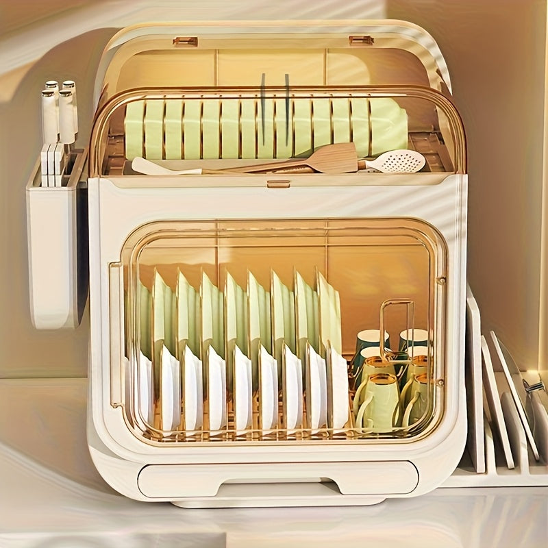 A Two-Tier Dish Drying Rack with a Cover, a Portable Storage Cabinet for Dishes, a Multifunctional 3-In-1 Kitchen Shelf, a Lightweight Plastic Dish Drainer with a Drip Tray, a Modern Minimalist Dish Rack for Organizing And Storing Kitchenware