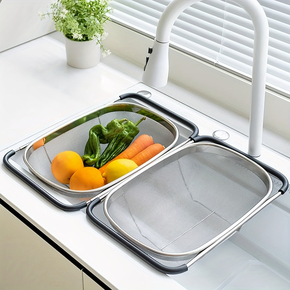 1pc Adjustable Stainless Steel Sink Colander | Multifunctional Vegetable and Fruit Washing Basket with Drain Rack, Strainer, and Kitchen Additions - Space-Saving, Easy to Clean, and Durable Kitchen Gadget by Eatscotta