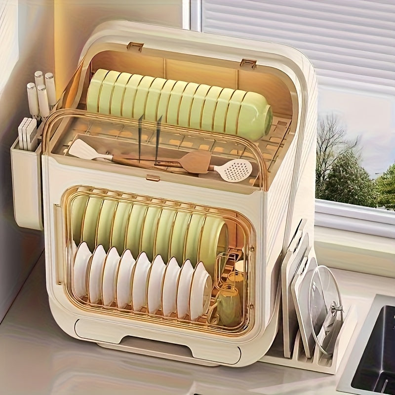 A Two-Tier Dish Drying Rack with a Cover, a Portable Storage Cabinet for Dishes, a Multifunctional 3-In-1 Kitchen Shelf, a Lightweight Plastic Dish Drainer with a Drip Tray, a Modern Minimalist Dish Rack for Organizing And Storing Kitchenware