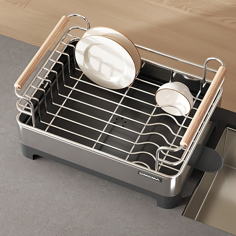 1 Stainless Steel Dish Drying Rack with Handle | Kitchen Countertop Dish Rack with 360° Rotating Water Collection Tray, Multifunctional Storage Organizer