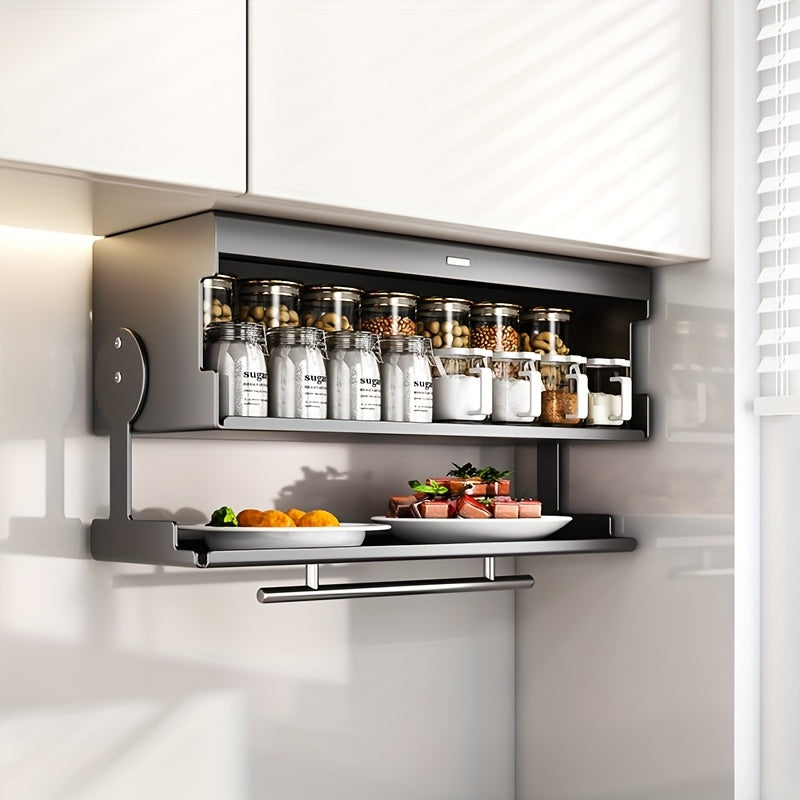 Wall-Mounted Kitchen Spice Rack with Pull-Down Double Shelves - Carbon Steel Space-Saving Flip-Top Design, 2 Sizes for Utensils, Food Prep & Countertop Organization, Durable Rust-Resistant Storage Organizer, Kitchen Storage Rack, Sleek Metallic Fini