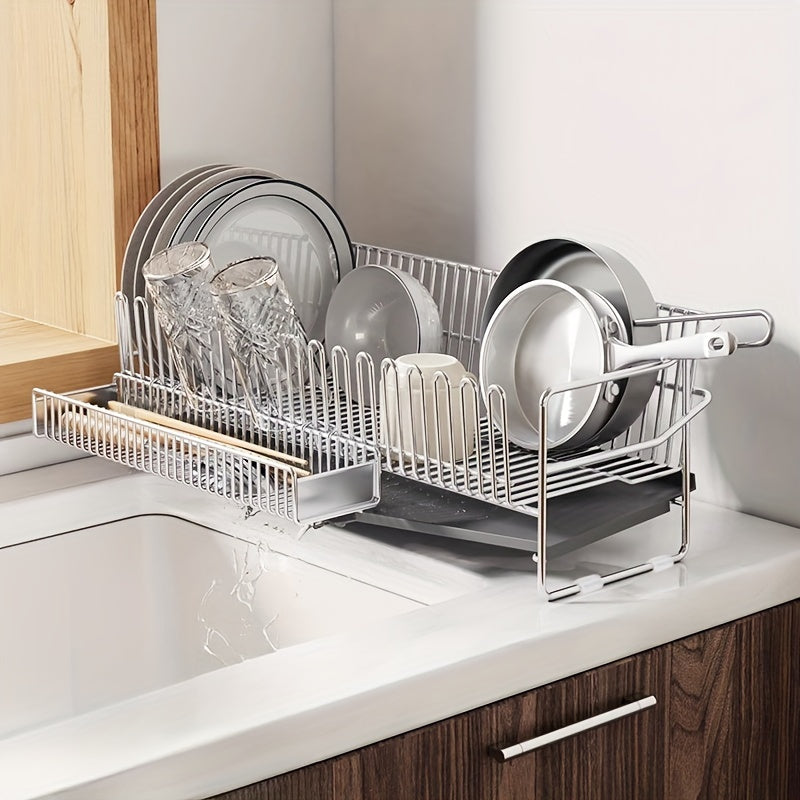 Space-Saving Stainless Steel Dish Drying Rack with Drainboard - Compact Over Sink Dish Drainer Organizer for Kitchen Countertop Storage with Easy Cleaning and Durable Construction
