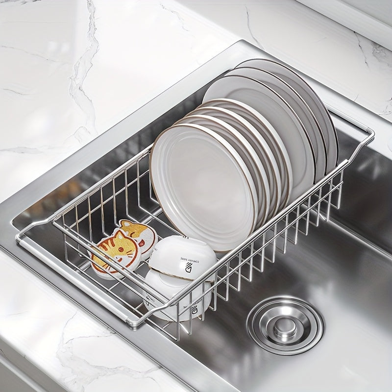 A Retractable Stainless Steel Sink Drainage Rack with Silicone Handles, an Expandable Dish Drying Rack, Multifunctional Storage Organizer for Kitchen Sink Additions, And a Korean-Style Collapsible Draining Basket