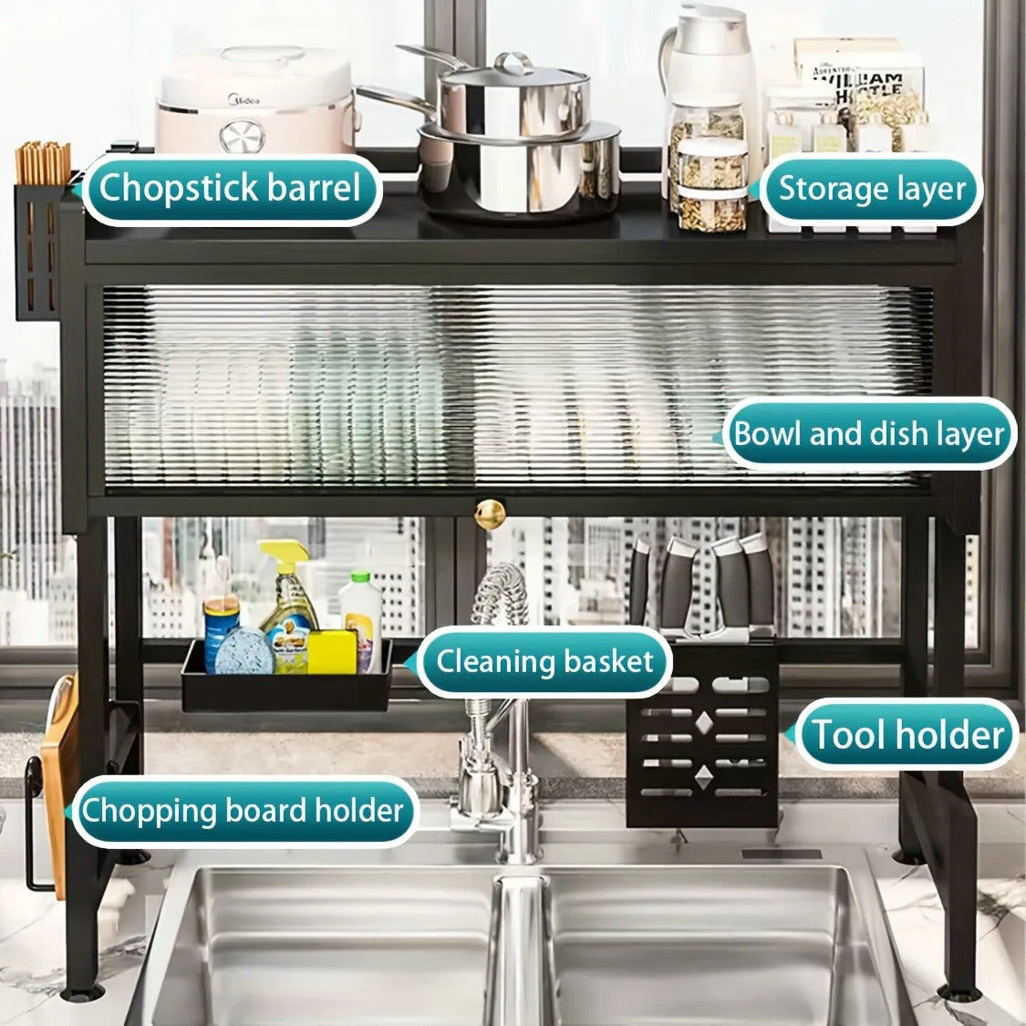 1pc Multifunctional Dish Rack | Space-Saving Kitchen Organizer with Cover for Drying Dishes, Glasses, Bowls, and Utensils, Made of Metal and Carbon Steel