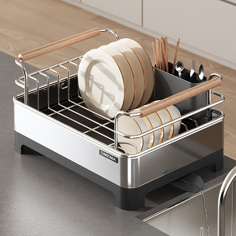 1 Stainless Steel Dish Drying Rack with Handle | Kitchen Countertop Dish Rack with 360° Rotating Water Collection Tray, Multifunctional Storage Organizer