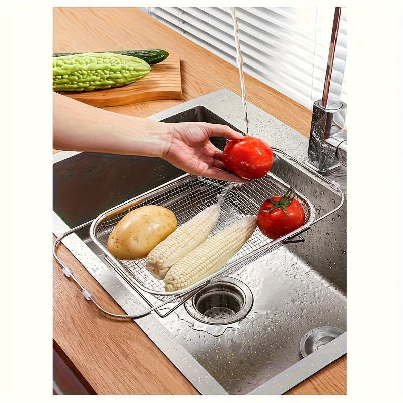 Collapsible Expandable Sink Basket, Heavy-Duty 304 Stainless Steel, Dish Drainer & Vegetable Washing Bin with Drain Holes, Multi-Functional Storage Rack for Fruits Pasta Rice, Space-Saving for Small Kitchens, with Telescopic Pole