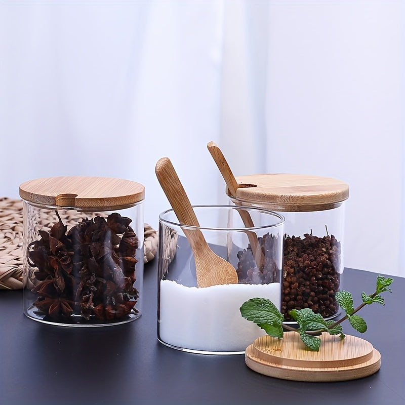 3pcs Glass Spice Jar Set with Wooden Rack, Sealed Glass Containers for Kitchen Storage, Suitable for Salt, Pepper, Sugar and Spices, Food Storage, Condiment Containers