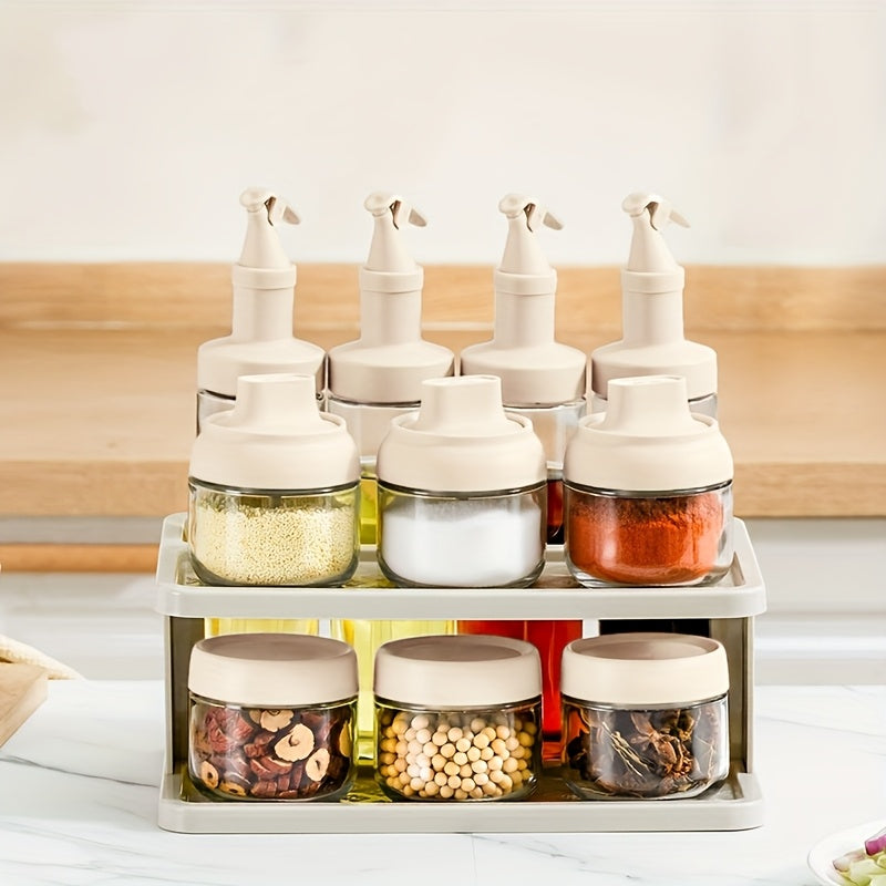 11pcs Sealed Sauce & Oil Storage Jars with Snap- Lids & Countertop Rack - Layered Shelf Compatible for Condiment Bottles, Spices, Vinegar - Kitchen Organizers Suitable and Dining Areas