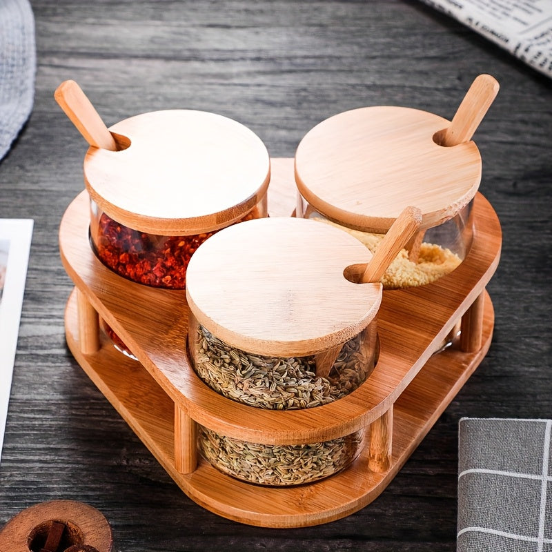3pcs Glass Spice Jar Set with Wooden Rack, Sealed Glass Containers for Kitchen Storage, Suitable for Salt, Pepper, Sugar and Spices, Food Storage, Condiment Containers