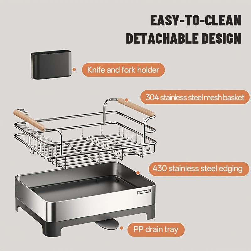 1 Stainless Steel Dish Drying Rack with Handle | Kitchen Countertop Dish Rack with 360° Rotating Water Collection Tray, Multifunctional Storage Organizer