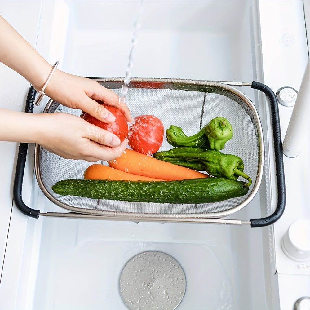 1pc Adjustable Stainless Steel Sink Colander | Multifunctional Vegetable and Fruit Washing Basket with Drain Rack, Strainer, and Kitchen Additions - Space-Saving, Easy to Clean, and Durable Kitchen Gadget by Eatscotta