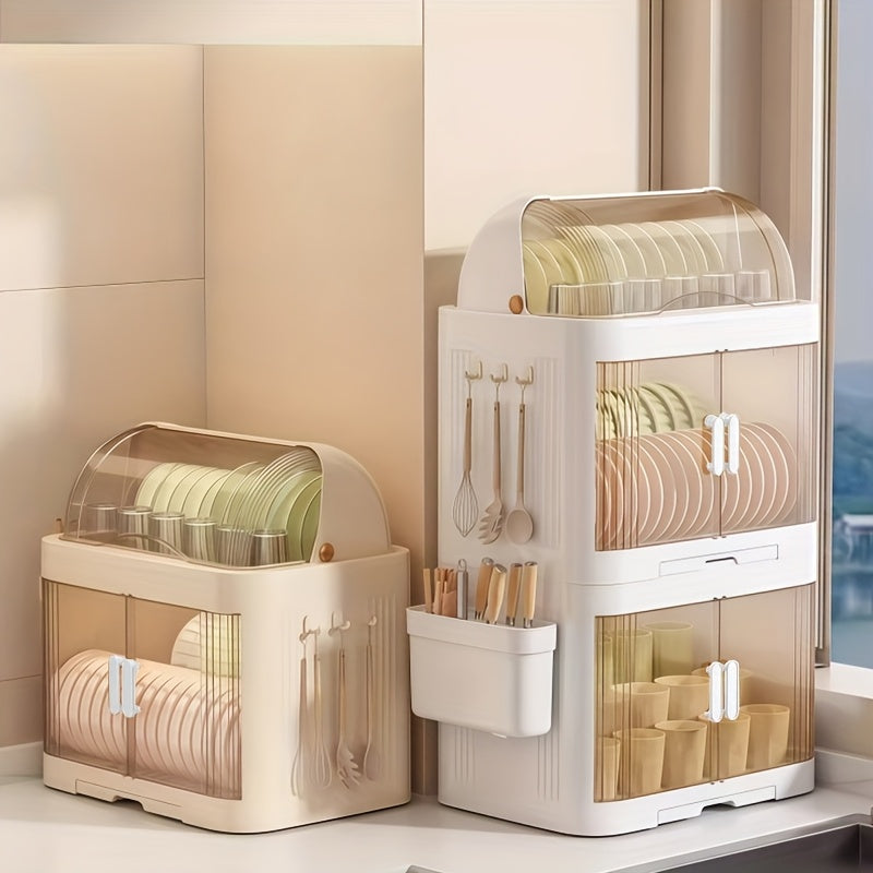 A 2\u002F3-Layer Kitchen Dish Storage Cabinet, Multi-Layer with a Draining Tray And Lid for Organizing Dishes And Utensils, Suitable for Bowls, Plates, And Cups, in White Color