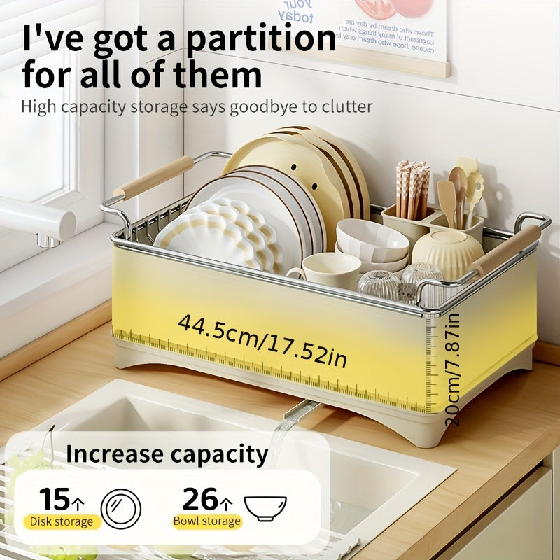 Large-Capacity Heavy-Duty 304 Stainless Steel Dish Drying Rack with Draining Board & Wood Handle - Single-Tier Space-Saving Kitchen Countertop Dish Rack Suitable for Plates, Bowls, Cups, Utensils, Chopsticks - Ideal for Small Apartments, Households