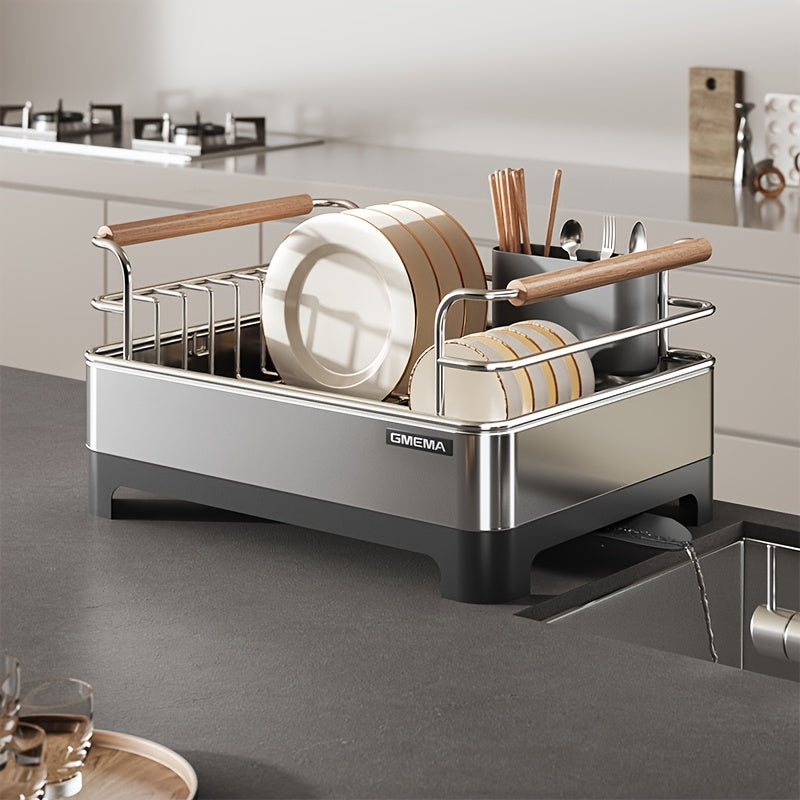 1 Stainless Steel Dish Drying Rack with Handle | Kitchen Countertop Dish Rack with 360° Rotating Water Collection Tray, Multifunctional Storage Organizer