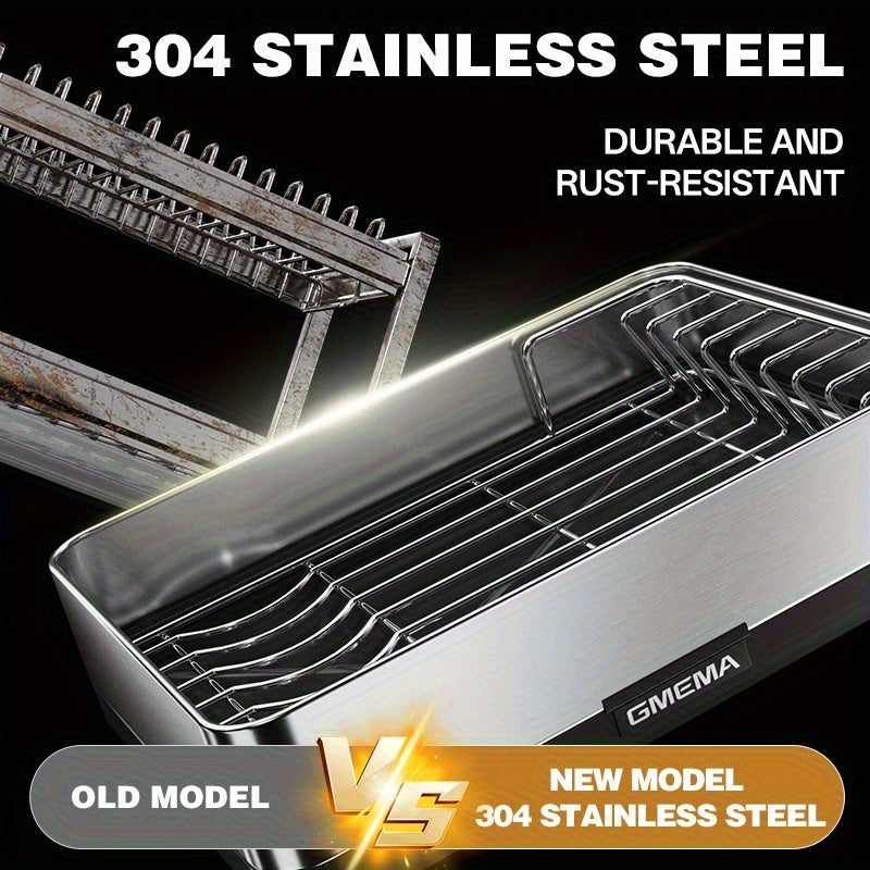 304 Stainless Steel Kitchen Dish Rack | New Countertop Dish Drying Organizer with Multi-Directional Drain Slots, Utensil Storage Rack