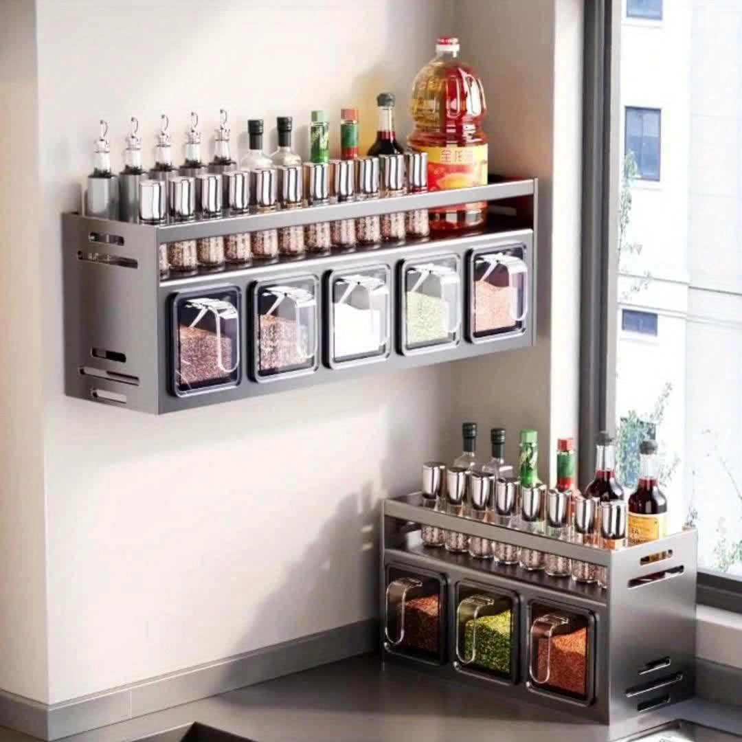 Set of Spice Storage That Can Be Mounted on The Wall - Made of Stainless Steel, Featuring Containers for Seasonings, Spice Boxes, And Shelves Suitable for Kitchens And Dining Areas